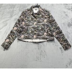 Montana Co. Jacket Womens S Gray Pink Camo Floral Crop Stretch Roll Tab Sleeves